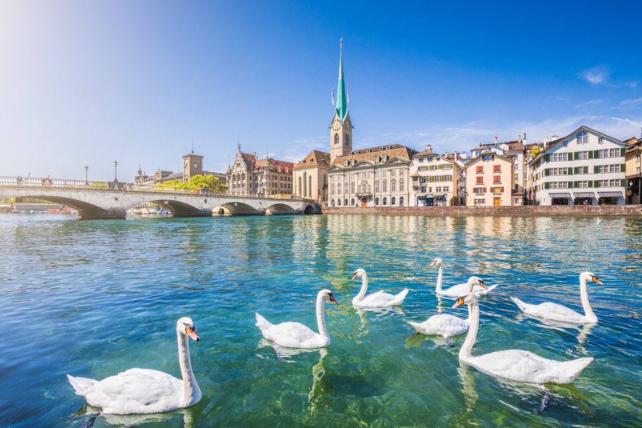 Historic city of Zurich with river Limmat, Switzerland Bed and